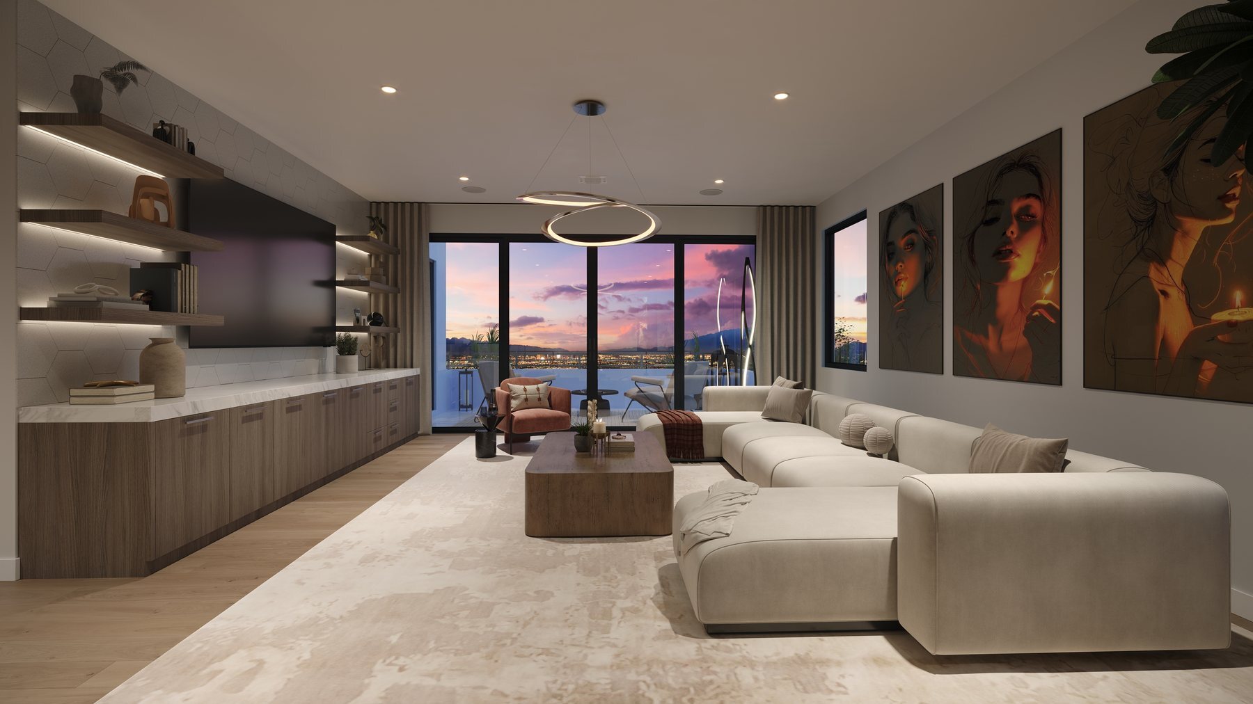 A loft at Rocky Ridge at dusk, with a long built-in credenza, a sectional and sliding glass doors opening to a deck above the valley.