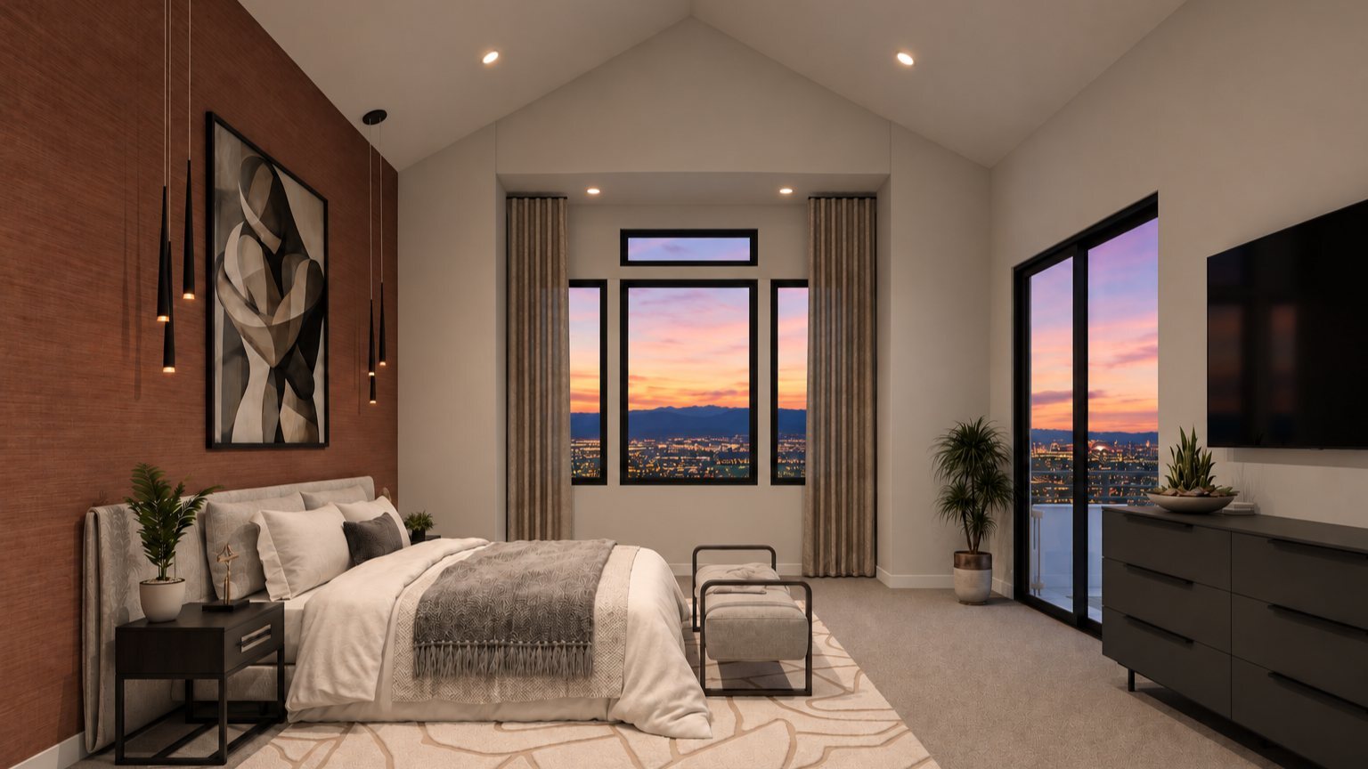 A master suite at Rocky Ridge at dusk, with a vaulted ceiling, a grasscloth accent wall and windows framing the valley at sunset.