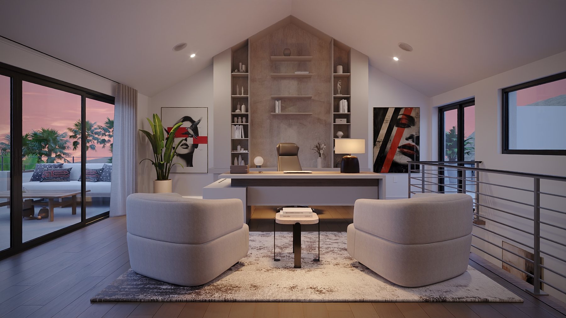 A vaulted loft office at Rocky Ridge at dusk, with built-in shelving under the gable, a desk and sliding glass doors to a covered deck.