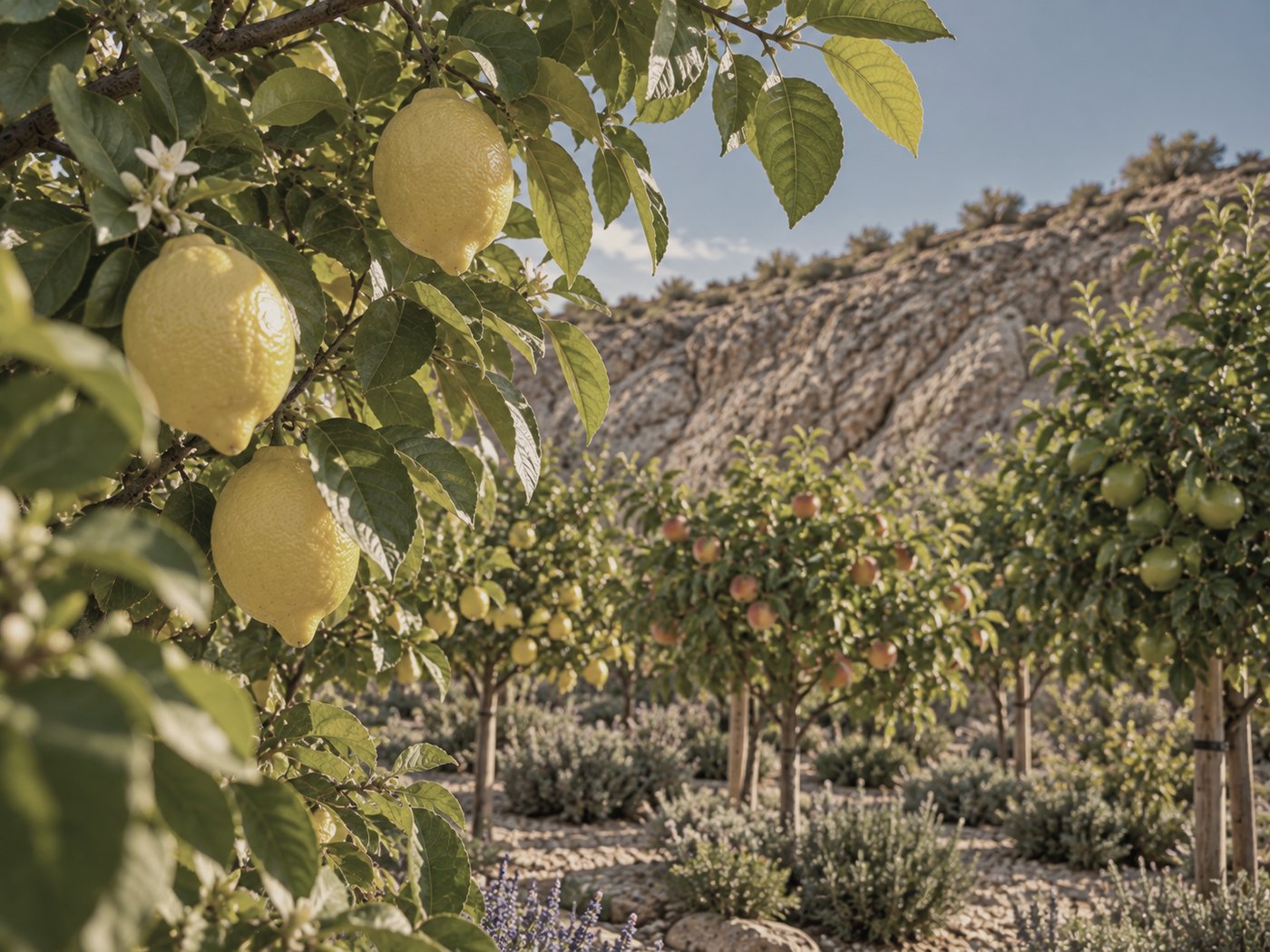 Lemons ripening in the foreground of the Rocky Ridge fruit tree orchard, with rows of citrus and stone fruit against the hillside.