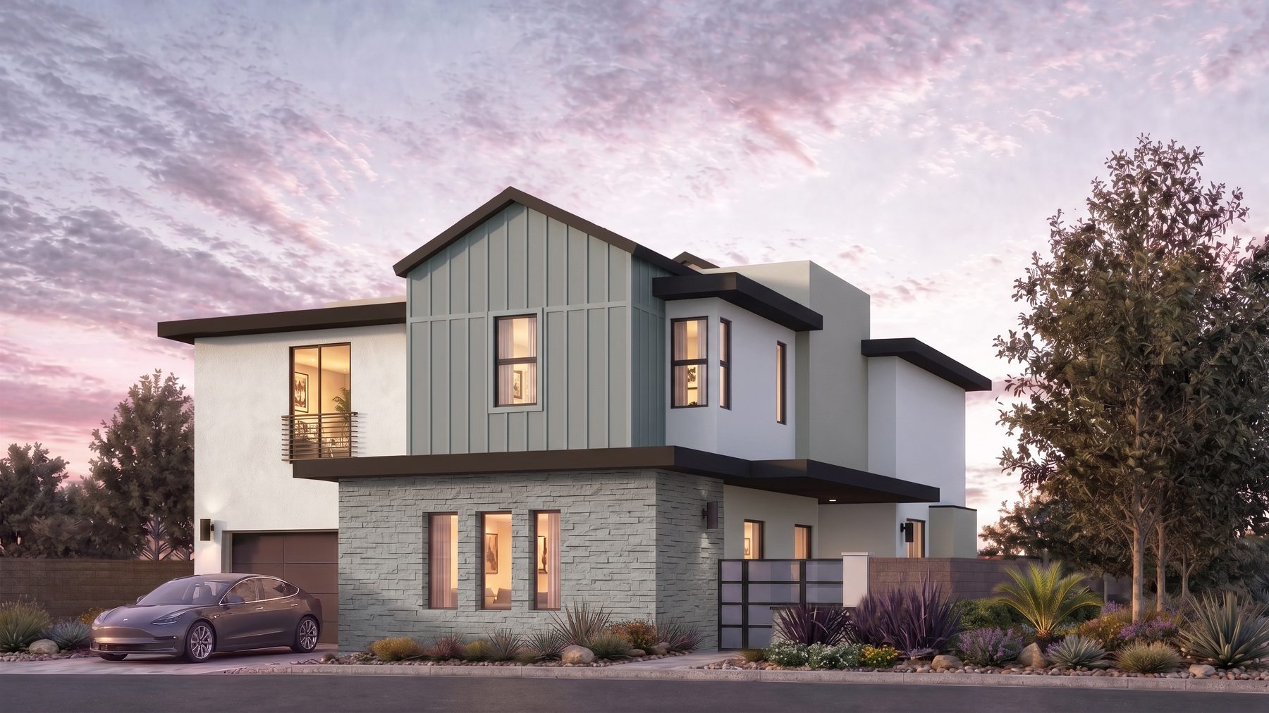 Residence 6 at Rocky Ridge at dusk. Elevation B, gable roof line, color scheme 5, with a board and batten gable over a stacked stone base.