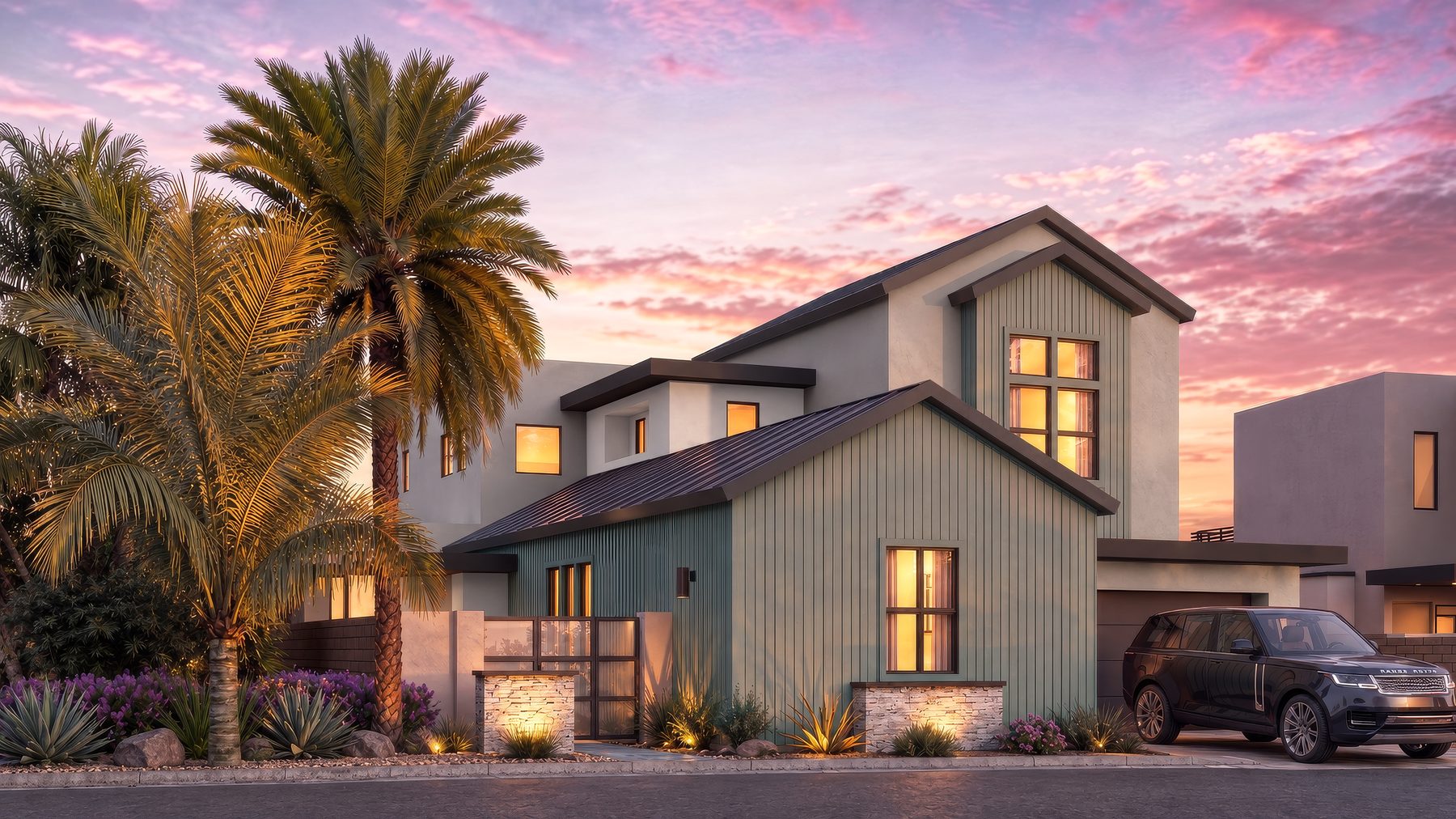 Residence 7 at Rocky Ridge at dusk. Elevation B, gable roof line, color scheme 2, with vertical siding in two tones and mature palms at the entry.