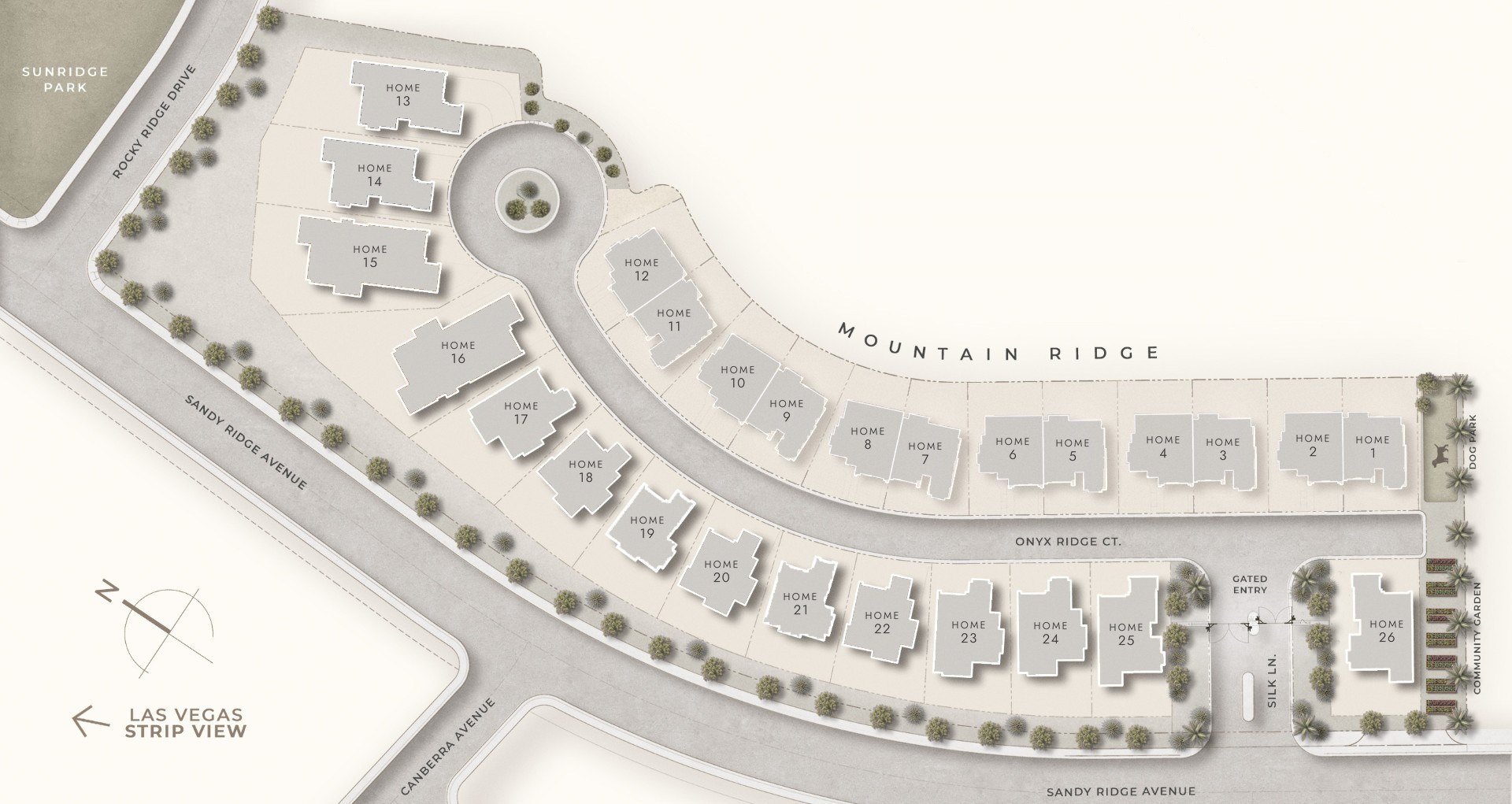 Rocky Ridge site plan. Twenty-six numbered homesites along a single gated street, with the gated entry on Silk Lane, the dog park and community garden at the southern end, Sunridge Park to the north and the Las Vegas Strip view to the west.