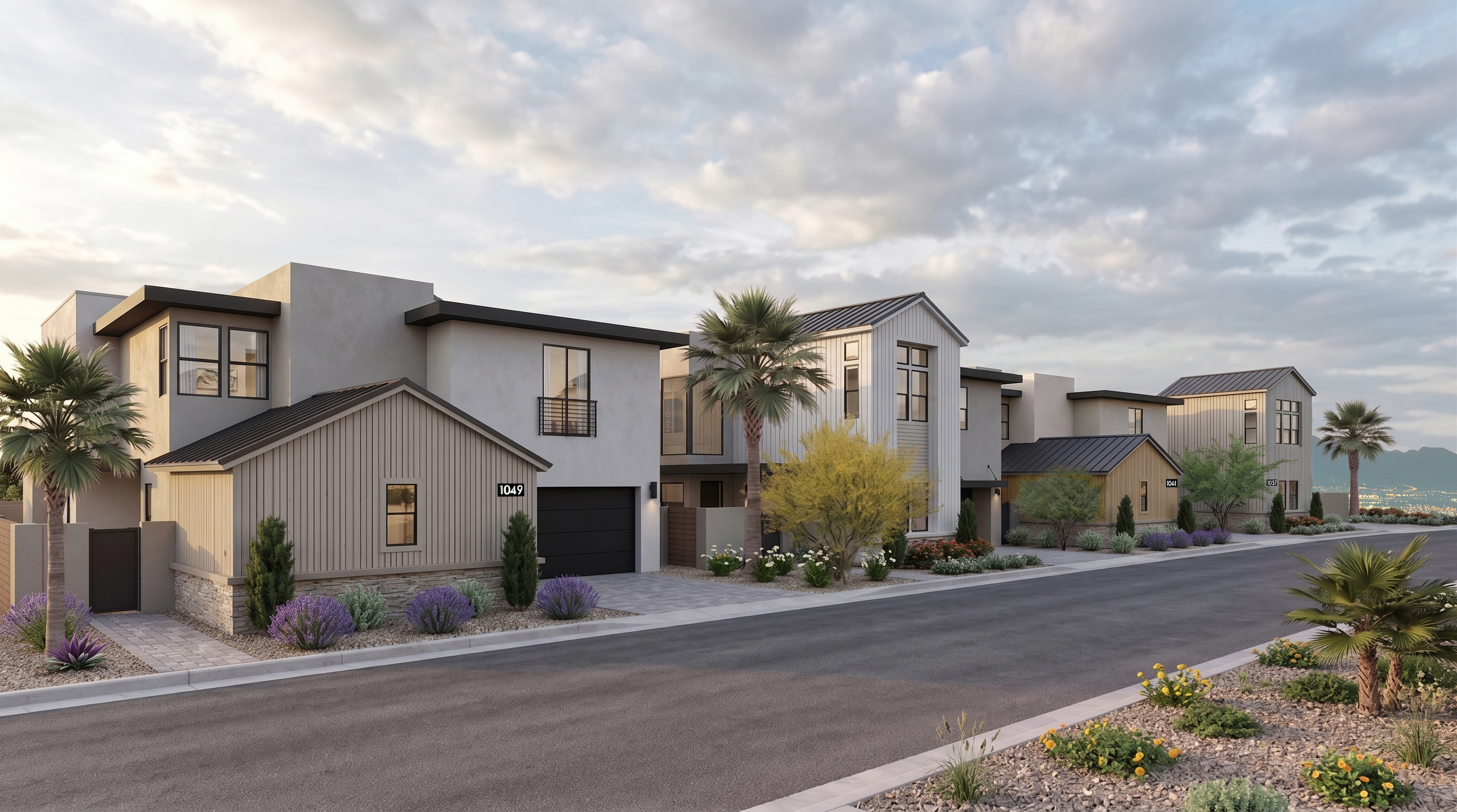 Rocky Ridge — the Green Valley neighborhood at dusk, full streetscape with desert landscaping