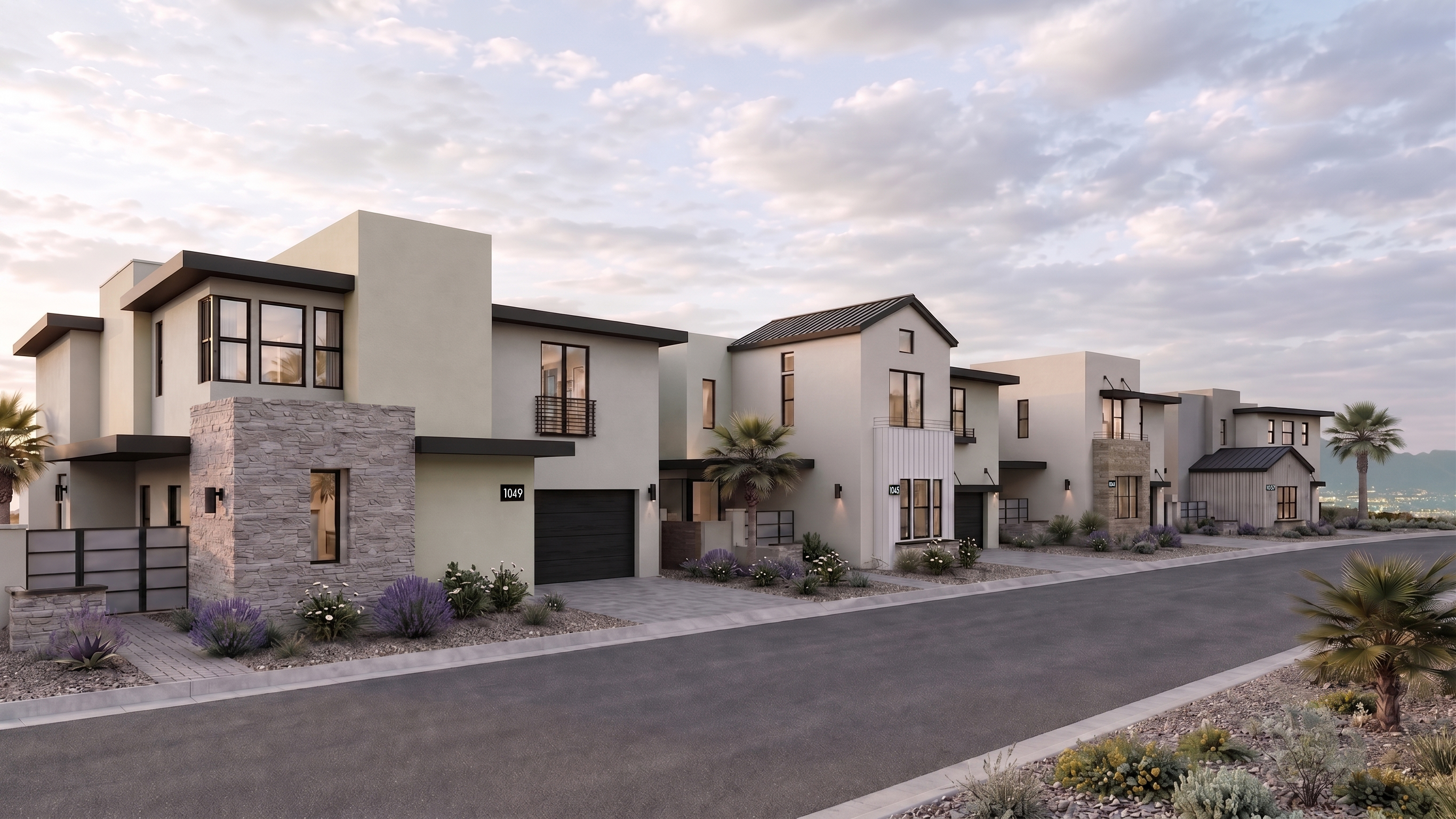 Rocky Ridge — the Green Valley neighborhood streetscape with modern desert farmhouse homes, featuring refined architecture and desert landscaping