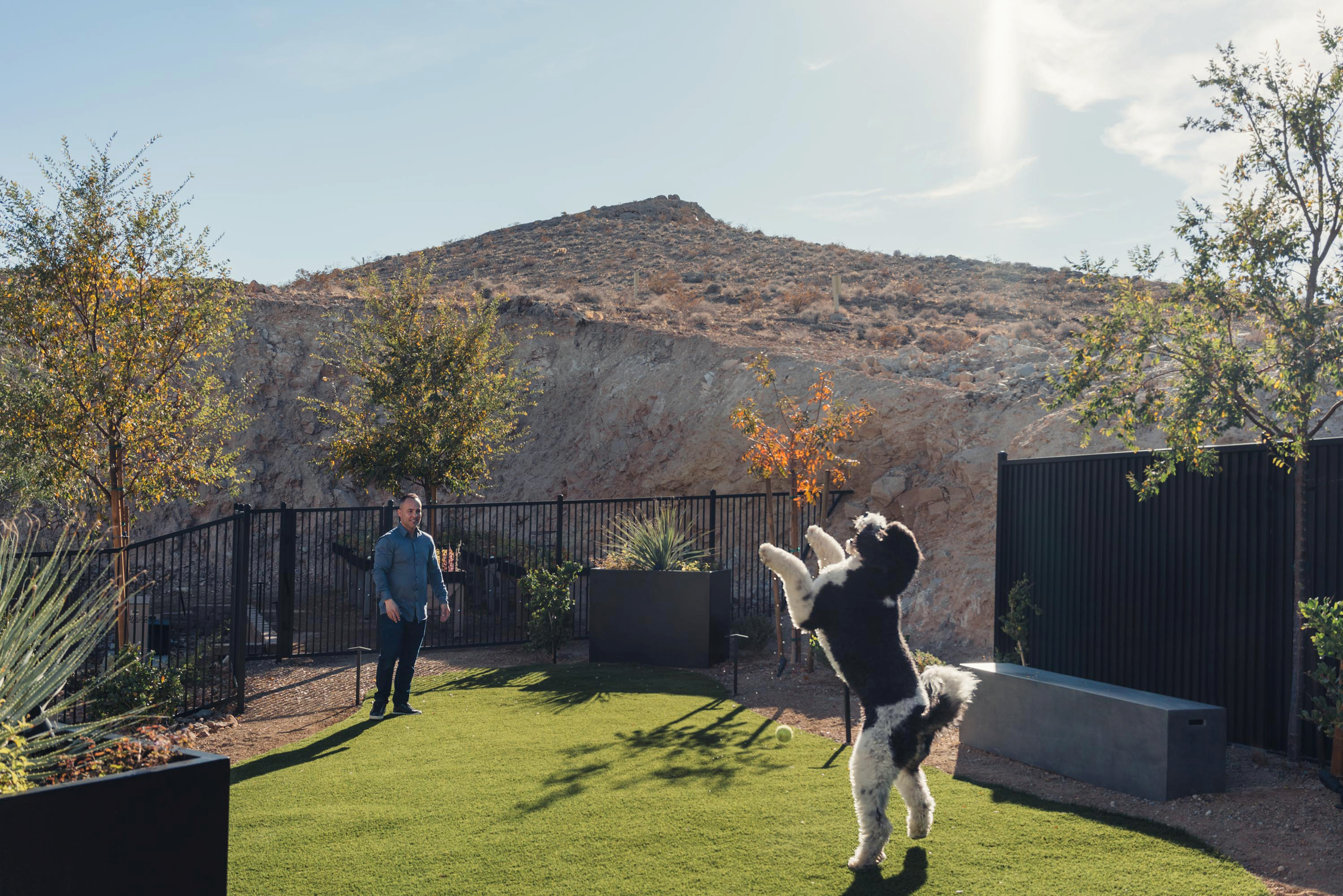 A resident playing fetch with their dog at the Rocky Ridge dog park, mountain backdrop