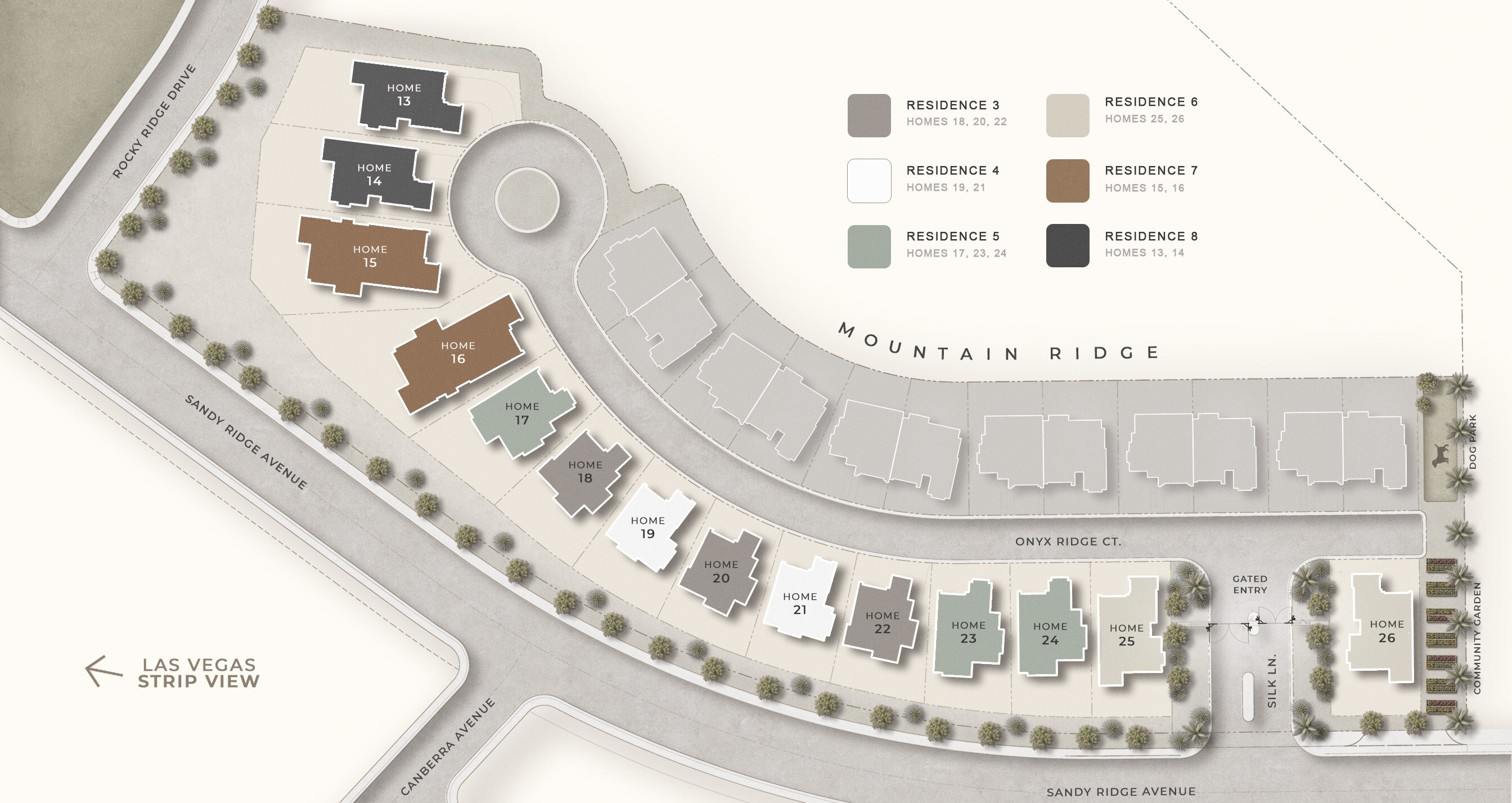 Rocky Ridge architectural site plan. Homes 13 through 26 are the current for-sale release, color coded by residence design, with the gated entry on Silk Lane, the community garden and the dog park at the south end and the Las Vegas Strip view to the west.