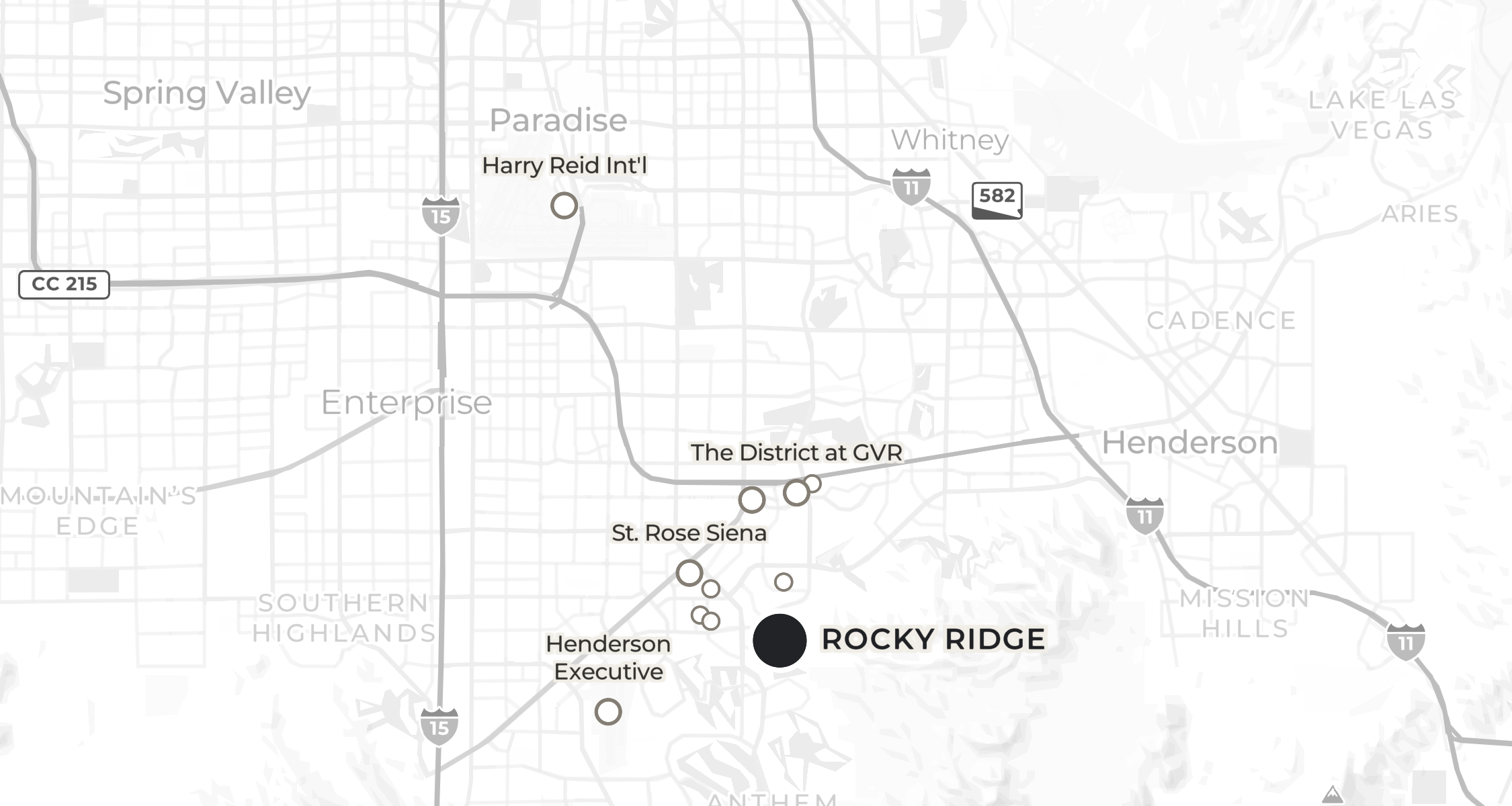 Map of the Las Vegas Valley showing Rocky Ridge in Green Valley, Henderson, with nearby airports, shopping, hospitals and freeways